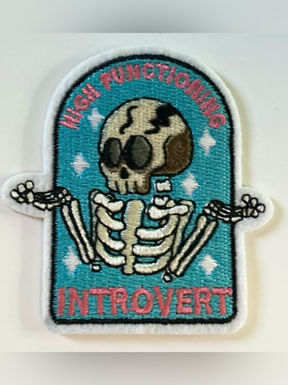 IRON OR SEW ON EMBROIDERED PATCH SKELETON HIGH FUNCTIONING INTROVERT